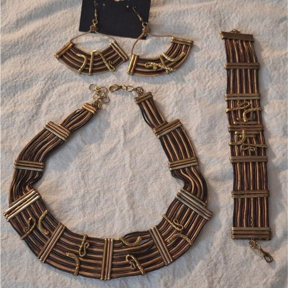 Vintage Egyptian Revival Leather Copper Brass Snake tribal necklace jewelry set